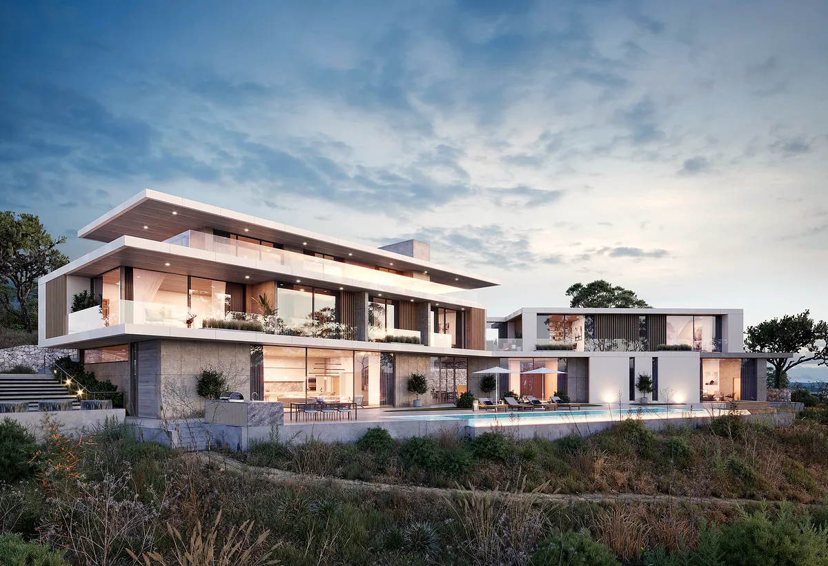 Modern hillside villa with a pool; design image. Building like this is only possible on permitted land